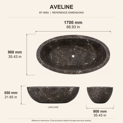 Aveline Oval Freestanding Soaking Bathtub – Dark Emperador Marble reference dimension drawing with top, long-side and short-end views, measurements in millimetres and inches.