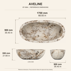 Aveline Oval Freestanding Soaking Bathtub – Pandora Blanc Quartzite reference dimension drawing with top, long-side and short-end views, measurements in millimetres and inches.