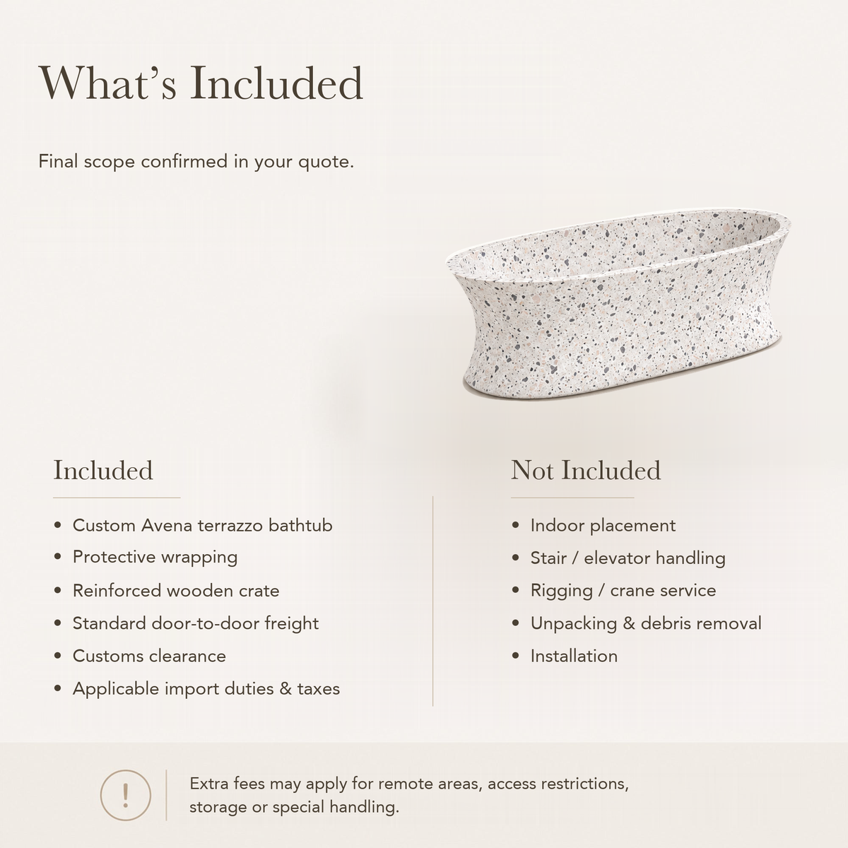 Avena Soft Oval Freestanding Soaking Bathtub – Alba White Terrazzo — What’s Included in the Reference Price.