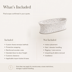 Avena Soft Oval Freestanding Soaking Bathtub – Alba White Terrazzo — What’s Included in the Reference Price.