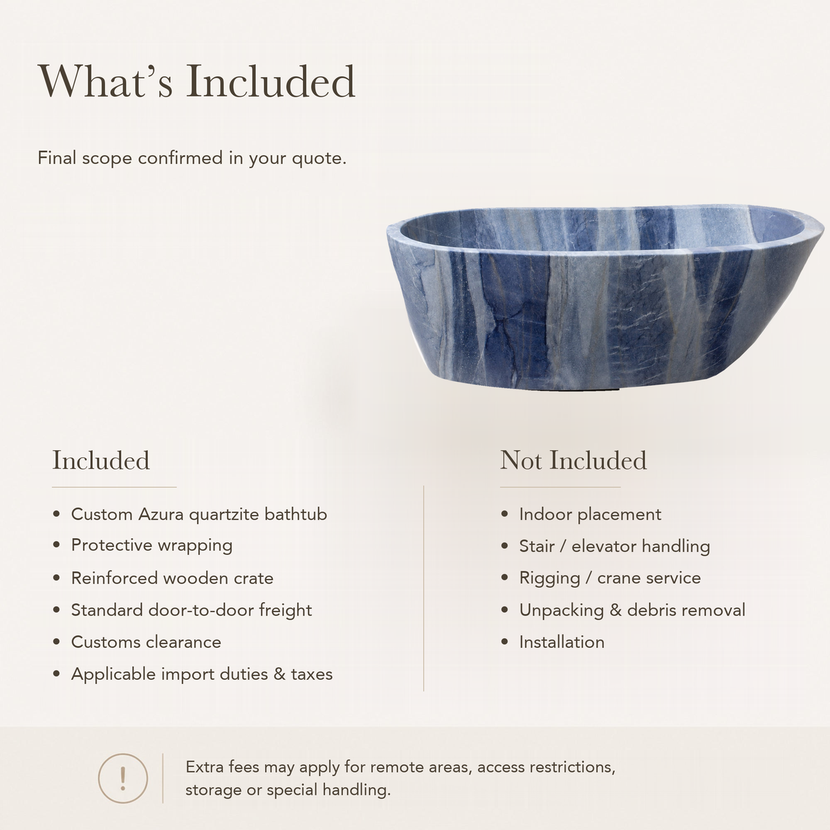 Azura Blue Quartzite Freestanding Soaking Bathtub — What’s Included in the Reference Price.