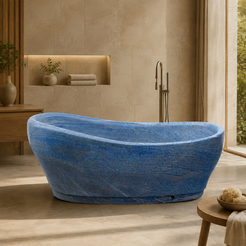 Azzara Sculptural Oval Freestanding Soaking Bathtub – Azura Blue Quartzite in a warm ivory-limestone luxury bathroom; exact product geometry and material preserved