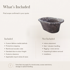 Bellora Flared-Rim Freestanding Soaking Bathtub – Dark Emperador Marble — What’s Included in the Reference Price.
