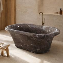 Bellora Flared-Rim Freestanding Soaking Bathtub – Dark Emperador Marble in a warm ivory-limestone luxury bathroom; exact product geometry and material preserved