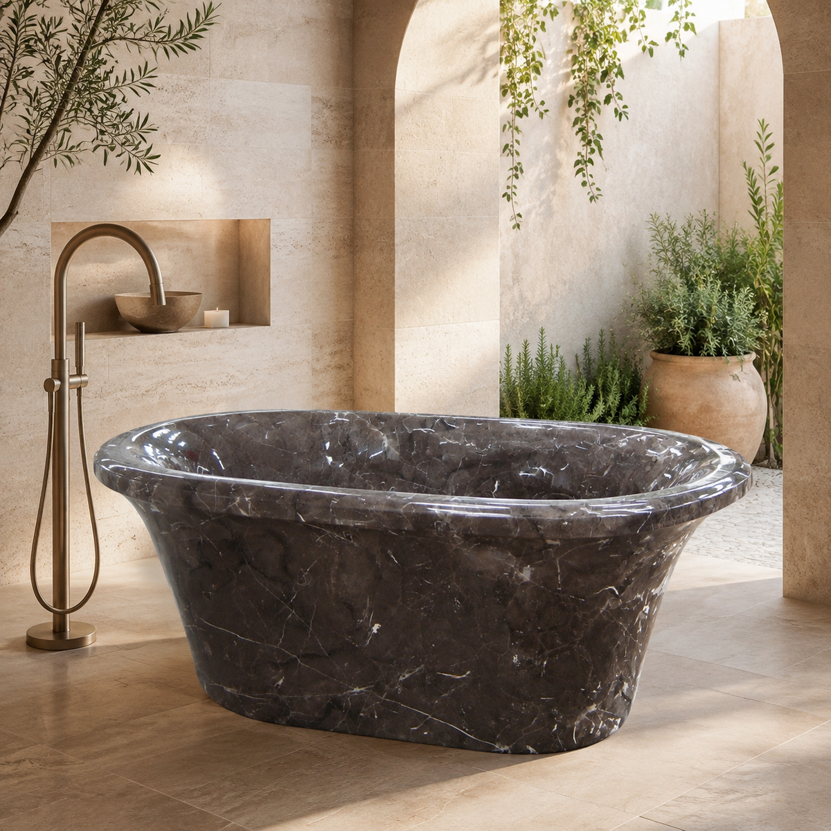 Bellora Flared-Rim Freestanding Soaking Bathtub – Dark Emperador Marble in a bright serene courtyard spa bathroom; exact product geometry and material preserved