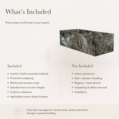 Caelira Architectural Rectangular Freestanding Soaking Bathtub – Celestia Blue Quartzite — What’s Included in the Reference Price.