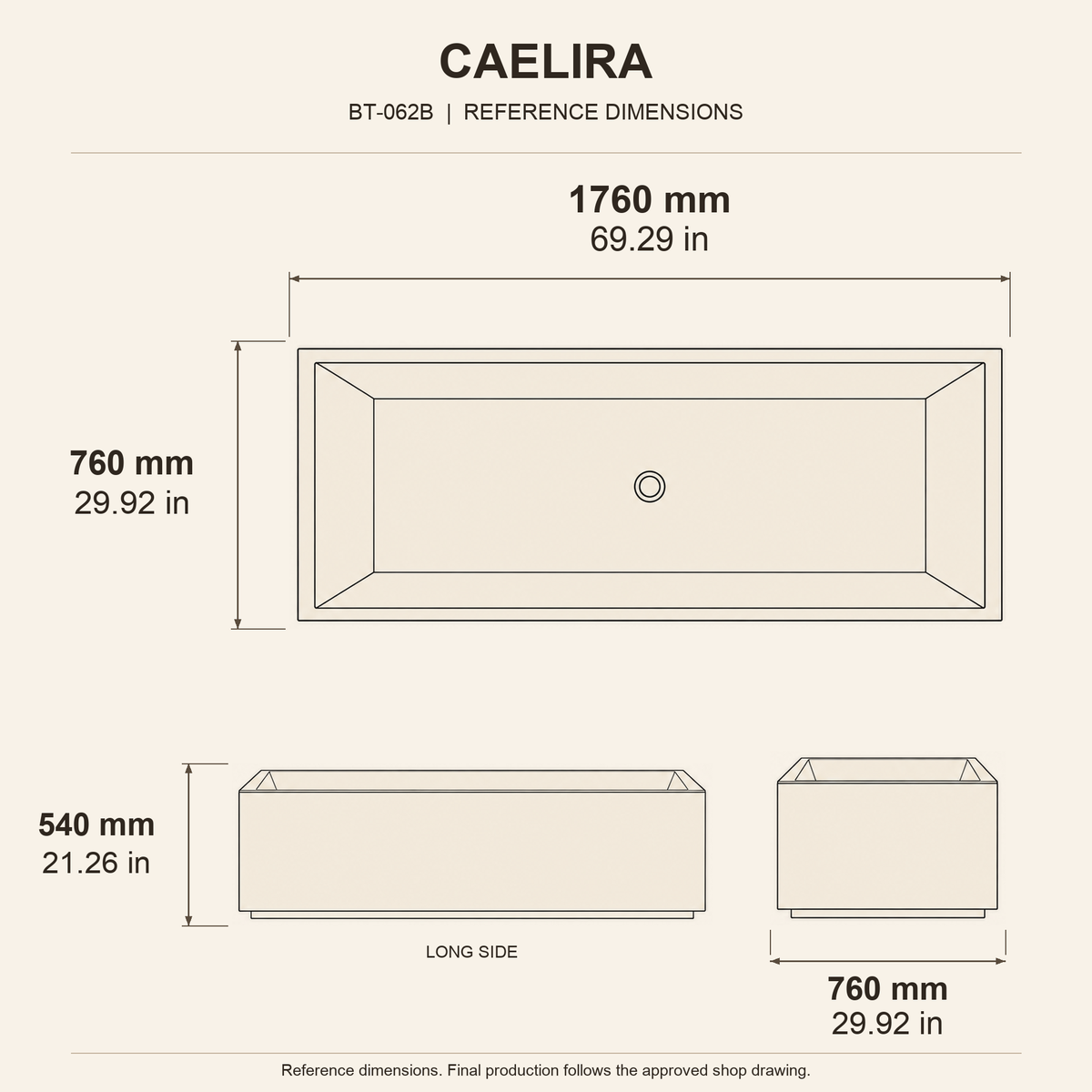 Caelira Architectural Rectangular Freestanding Soaking Bathtub – Celestia Blue Quartzite reference dimension drawing with top, long-side and short-end views, measurements in millimetres and inches.