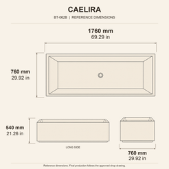 Caelira Architectural Rectangular Freestanding Soaking Bathtub – Celestia Blue Quartzite reference dimension drawing with top, long-side and short-end views, measurements in millimetres and inches.