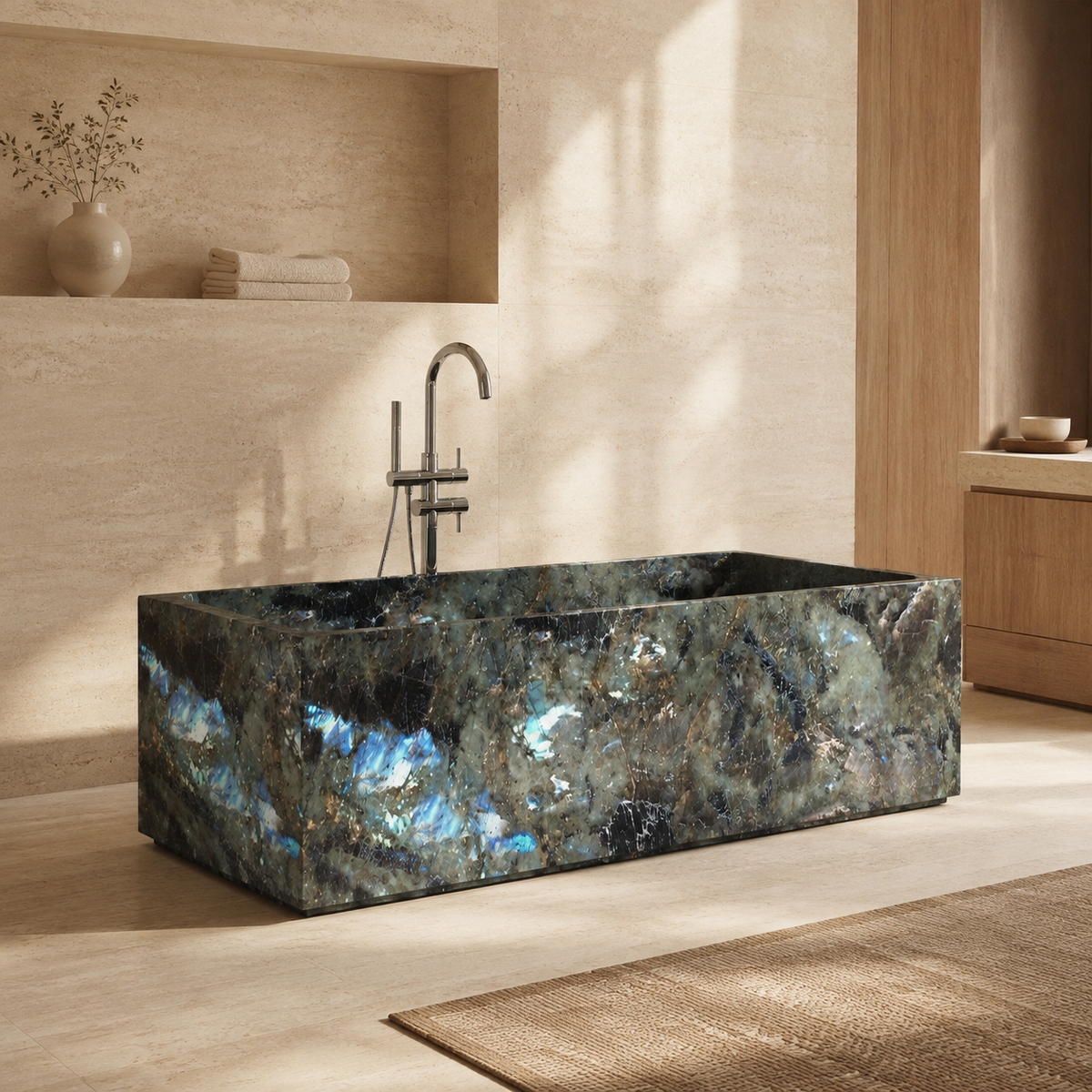 Caelira Architectural Rectangular Freestanding Soaking Bathtub – Celestia Blue Quartzite in a warm ivory-limestone luxury bathroom; exact product geometry and material preserved