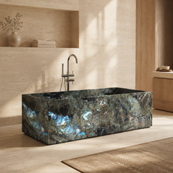 Caelira Architectural Rectangular Freestanding Soaking Bathtub – Celestia Blue Quartzite in a warm ivory-limestone luxury bathroom; exact product geometry and material preserved
