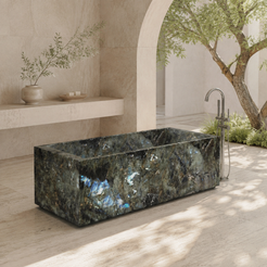 Caelira Architectural Rectangular Freestanding Soaking Bathtub – Celestia Blue Quartzite in a bright serene courtyard spa bathroom; exact product geometry and material preserved