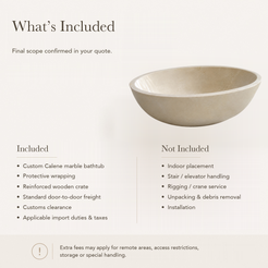 Calene Low Oval Freestanding Soaking Bathtub – Galala Cream Marble — What’s Included in the Reference Price.
