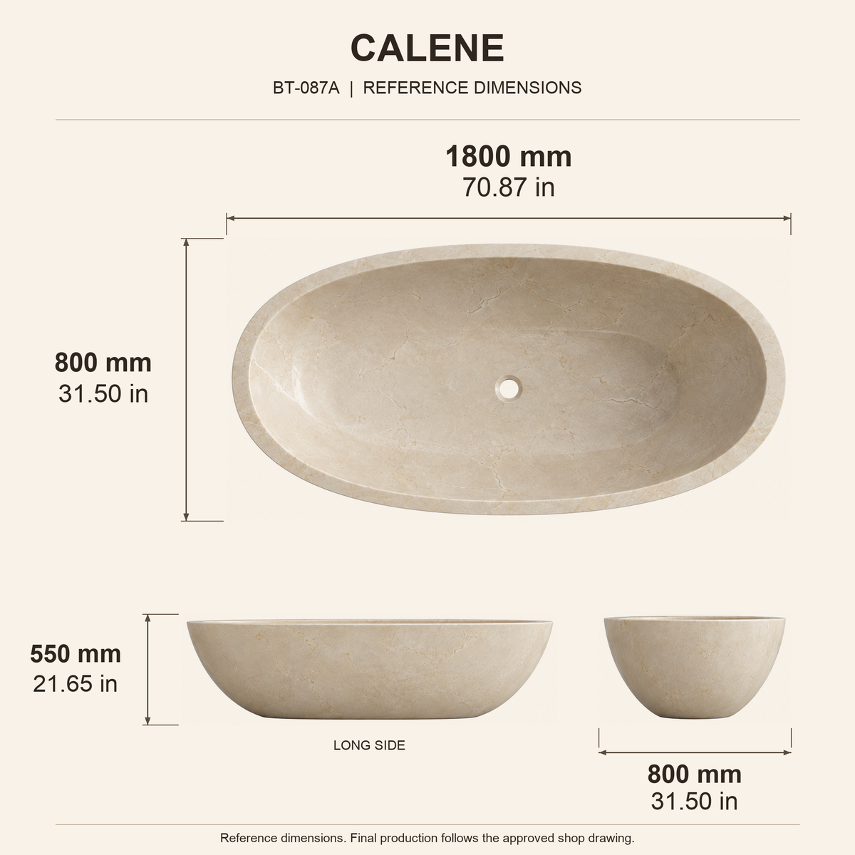 Calene Low Oval Freestanding Soaking Bathtub – Galala Cream Marble reference dimension drawing with top, long-side and short-end views, measurements in millimetres and inches.