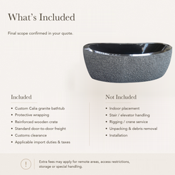 Calia Oval Freestanding Soaking Bathtub – Absolute Black Granite, Hand-Chiseled Exterior — What’s Included in the Reference Price.