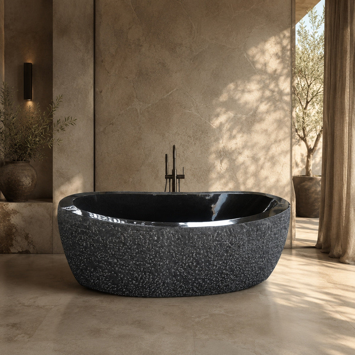Calia BT-014A Absolute Black Granite hand-chiseled freestanding soaking bathtub in a warm architectural spa bathroom, styled visualization