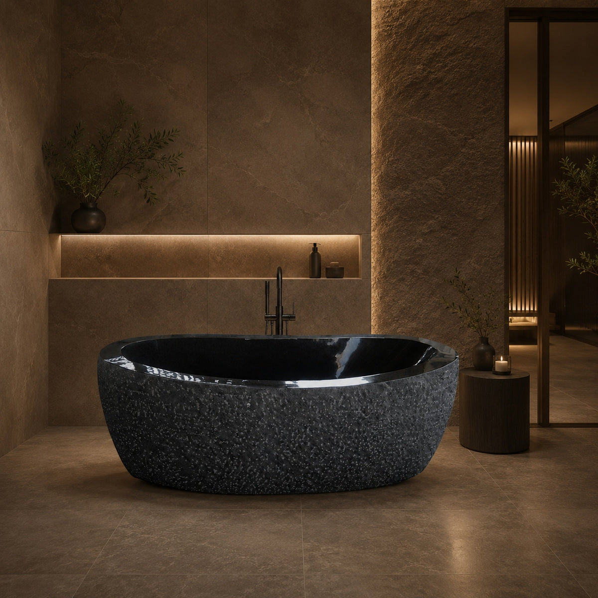 Calia BT-014A Absolute Black Granite hand-chiseled freestanding soaking bathtub in a refined low-light spa bathroom, second styled visualization