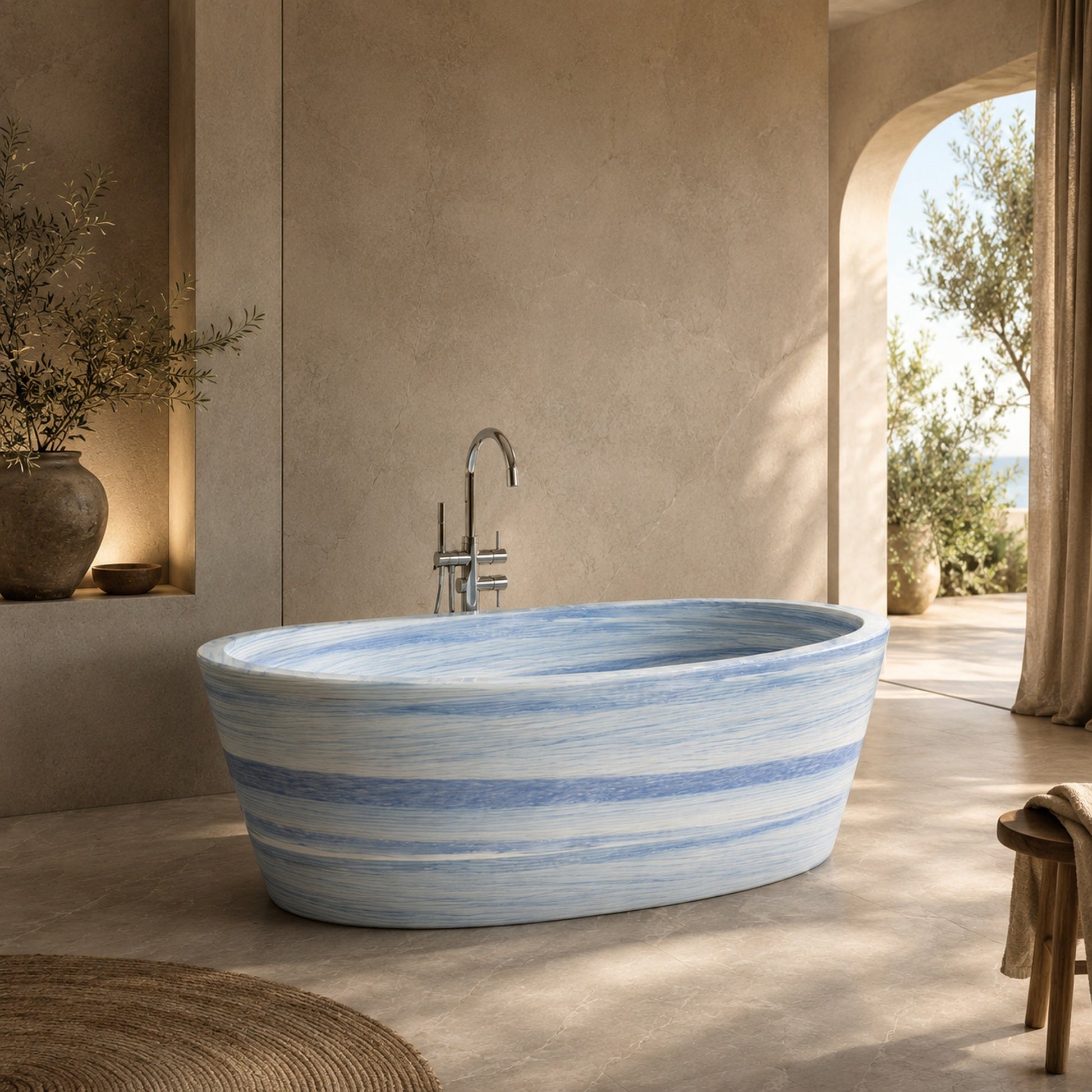 Calia BT-014A Azura Blue Quartzite freestanding soaking bathtub in a warm luxury architectural bathroom, styled visualization