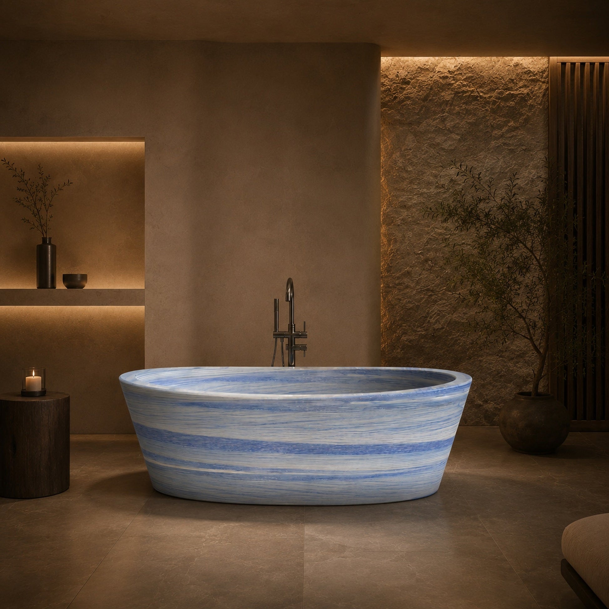 Calia BT-014A Azura Blue Quartzite freestanding soaking bathtub in a refined warm spa bathroom, second styled visualization