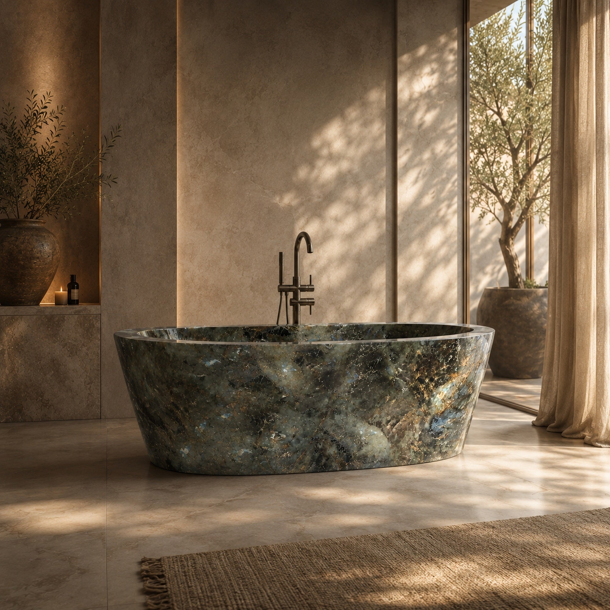 Calia BT-014A Celestia Blue Quartzite freestanding soaking bathtub in a warm luxury architectural bathroom, styled visualization