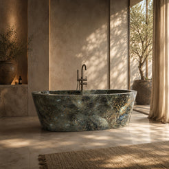 Calia BT-014A Celestia Blue Quartzite freestanding soaking bathtub in a warm luxury architectural bathroom, styled visualization