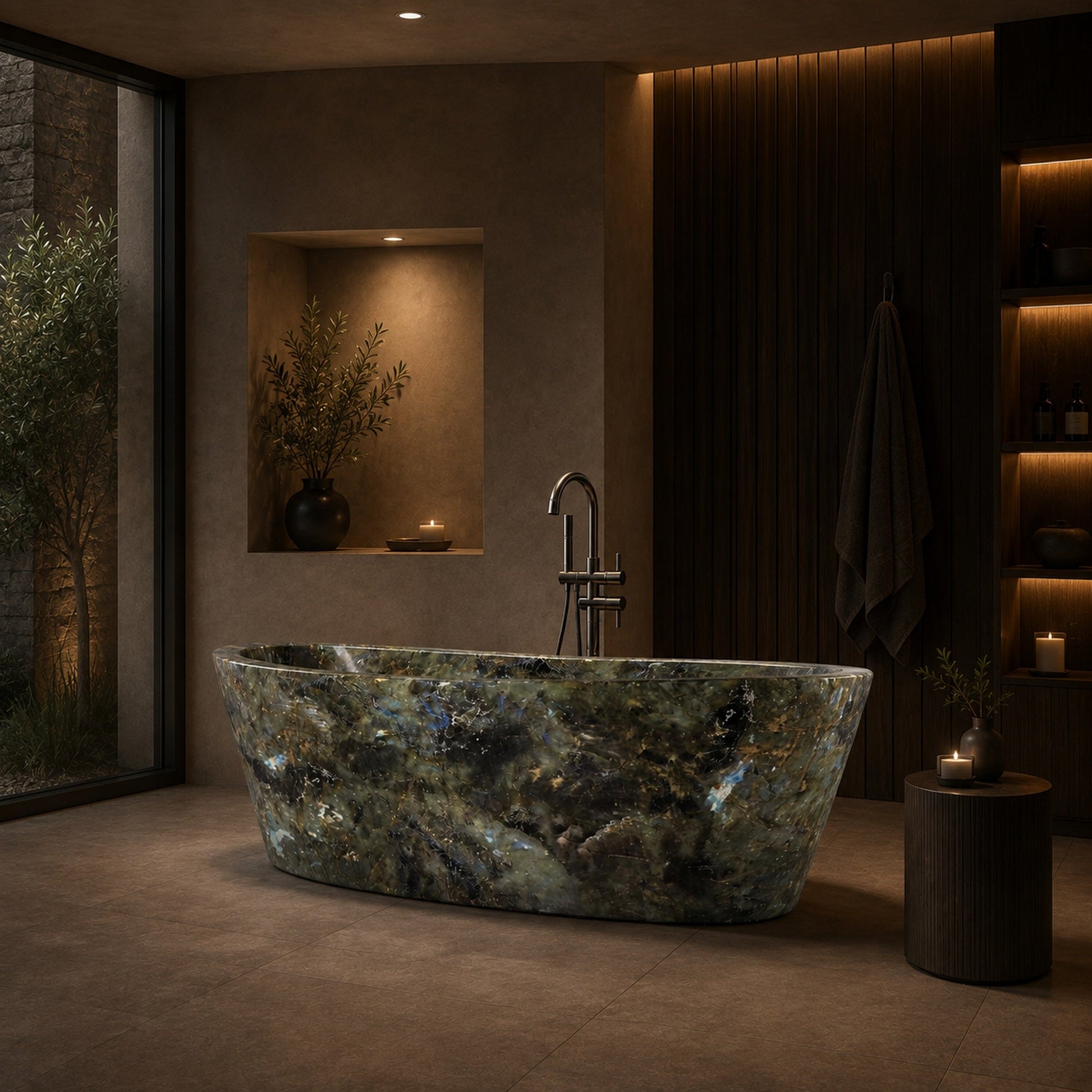 Calia BT-014A Celestia Blue Quartzite freestanding soaking bathtub in a refined warm spa bathroom, second styled visualization