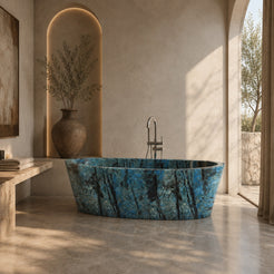 Calia BT-014A Danube Blue Quartzite freestanding soaking bathtub in a warm luxury architectural bathroom, styled visualization