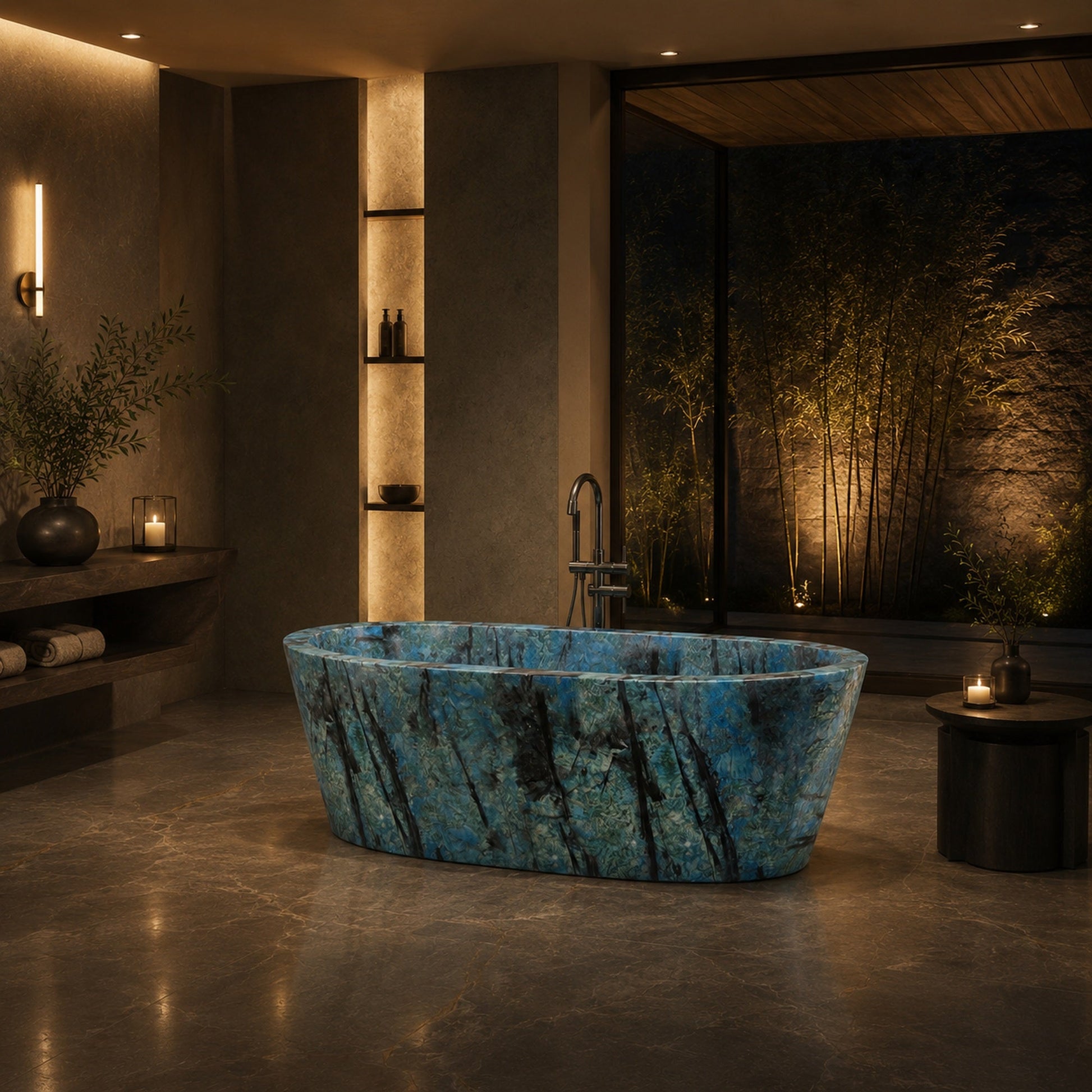 Calia BT-014A Danube Blue Quartzite freestanding soaking bathtub in a refined warm spa bathroom, second styled visualization