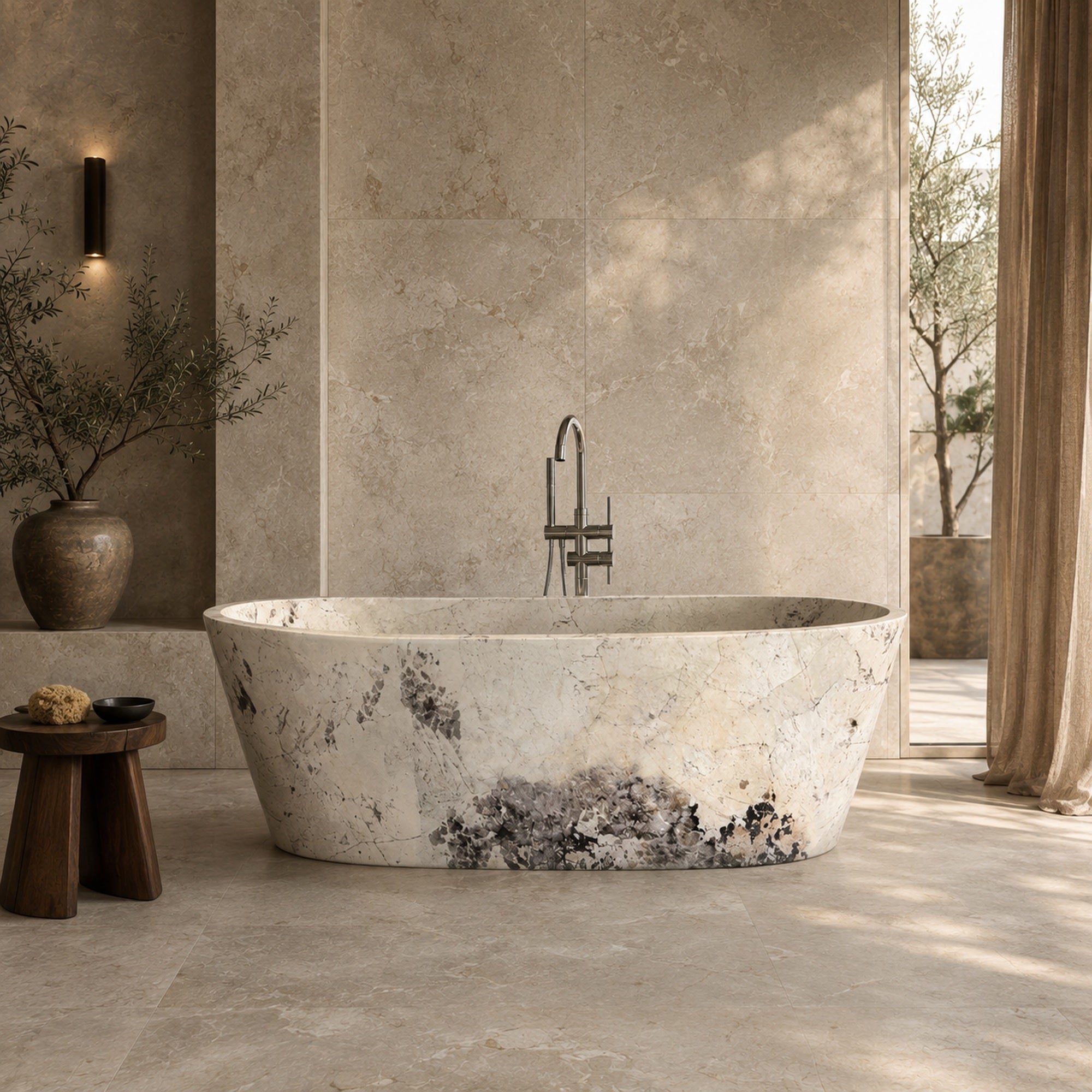 Calia BT-014A Pandora Blanc Quartzite freestanding soaking bathtub in a warm luxury architectural bathroom, styled visualization
