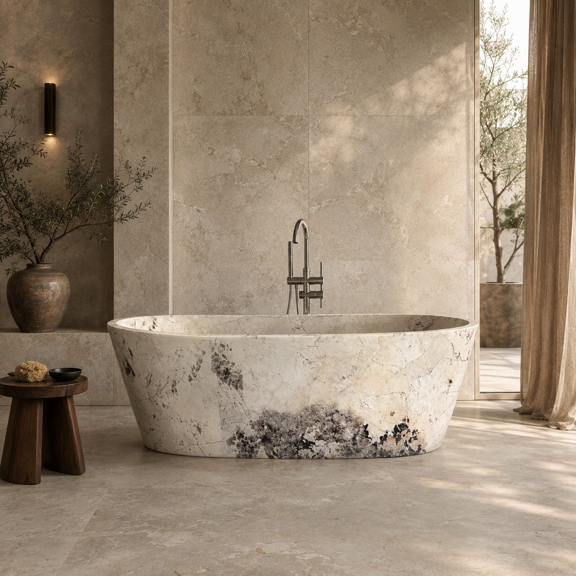 Calia BT-014A Pandora Blanc Quartzite freestanding soaking bathtub in a warm luxury architectural bathroom, styled visualization