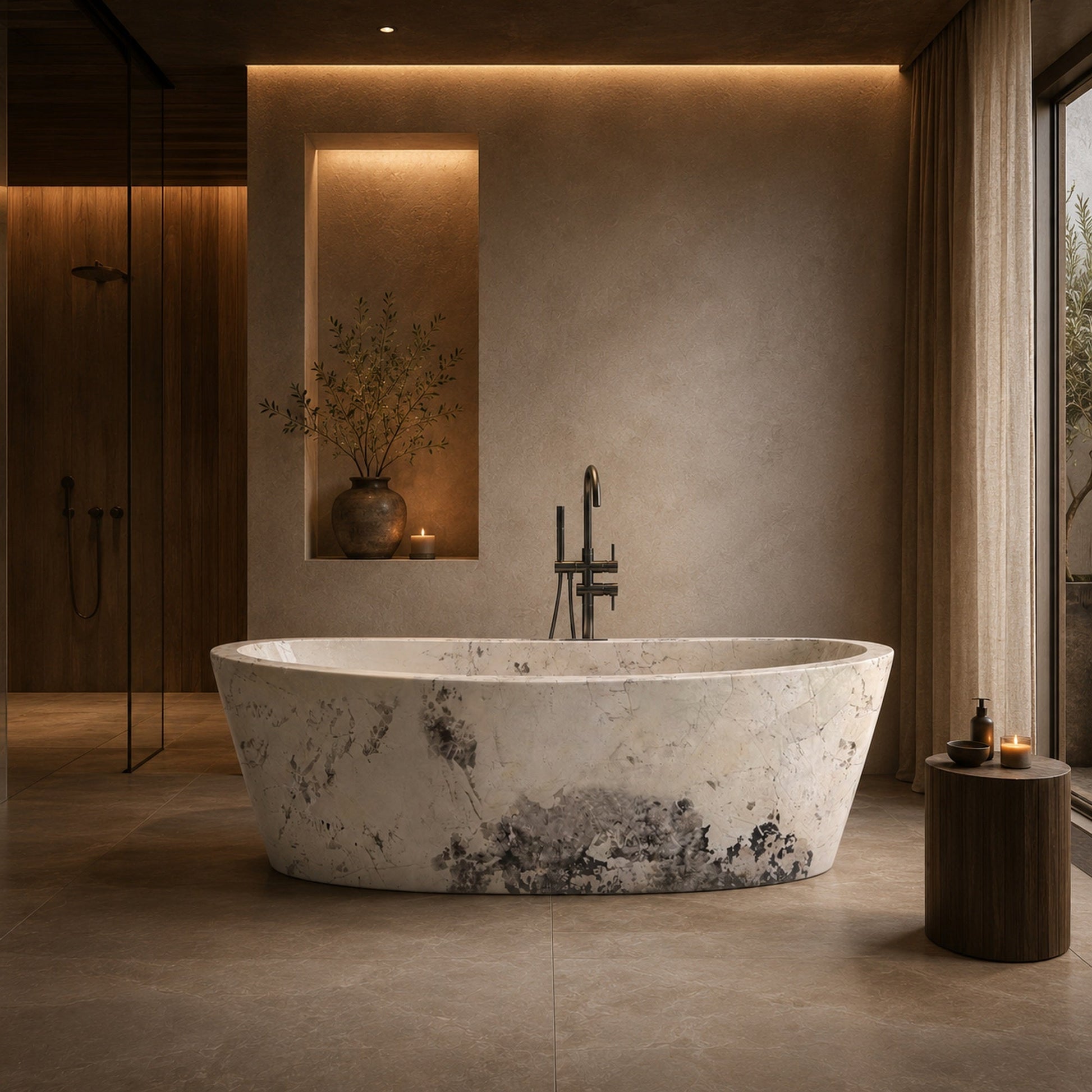 Calia BT-014A Pandora Blanc Quartzite freestanding soaking bathtub in a refined warm spa bathroom, second styled visualization