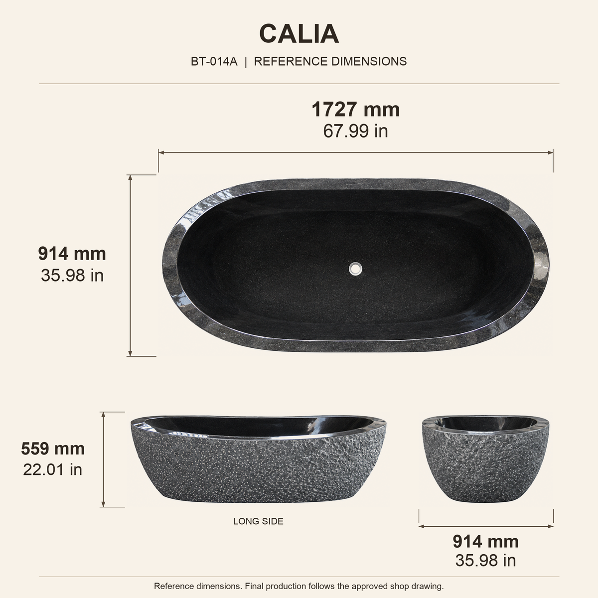 Calia Oval Freestanding Soaking Bathtub – Absolute Black Granite, Hand-Chiseled Exterior reference dimension drawing with top, long-side and short-end views, measurements in millimetres and inches.