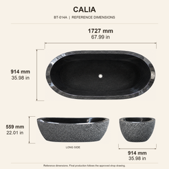 Calia Oval Freestanding Soaking Bathtub – Absolute Black Granite, Hand-Chiseled Exterior reference dimension drawing with top, long-side and short-end views, measurements in millimetres and inches.