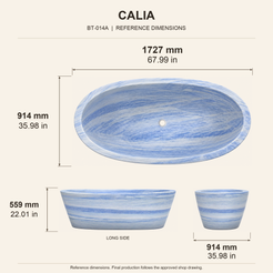 Calia Oval Freestanding Soaking Bathtub – Azura Blue Quartzite reference dimension drawing with top, long-side and short-end views, measurements in millimetres and inches.