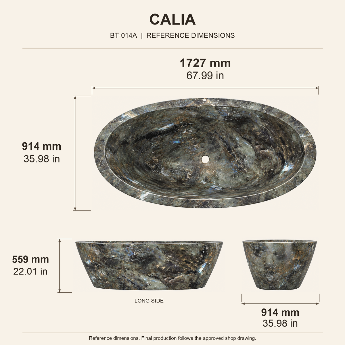 Calia Oval Freestanding Soaking Bathtub – Celestia Blue Quartzite reference dimension drawing with top, long-side and short-end views, measurements in millimetres and inches.