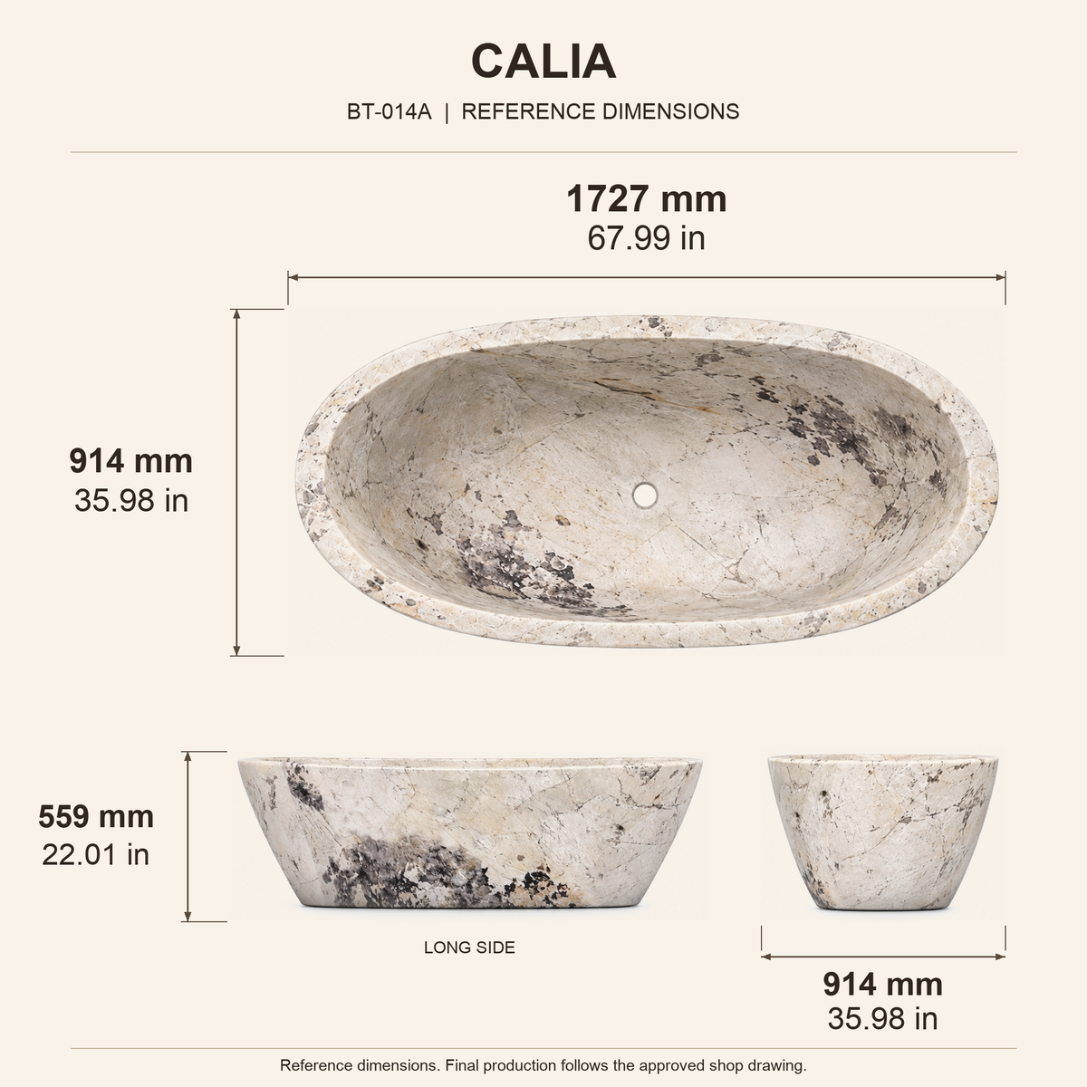 Calia Oval Freestanding Soaking Bathtub – Pandora Blanc Quartzite reference dimension drawing with top, long-side and short-end views, measurements in millimetres and inches.