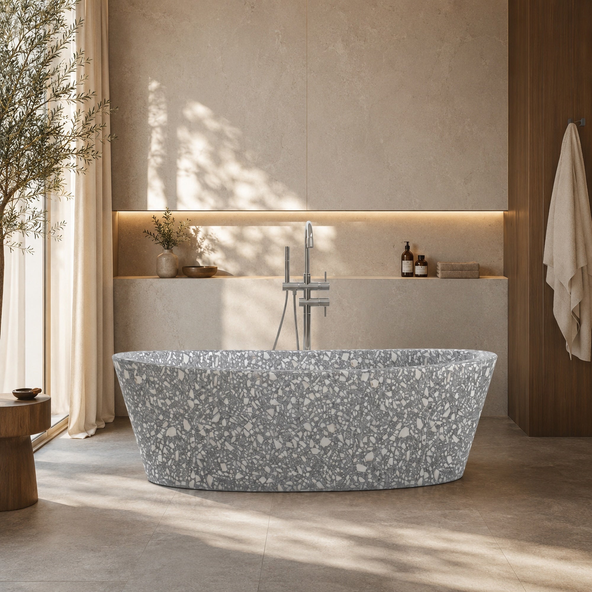 Calia Silver Grey Terrazzo freestanding soaking bathtub, styled hero bathroom visualization