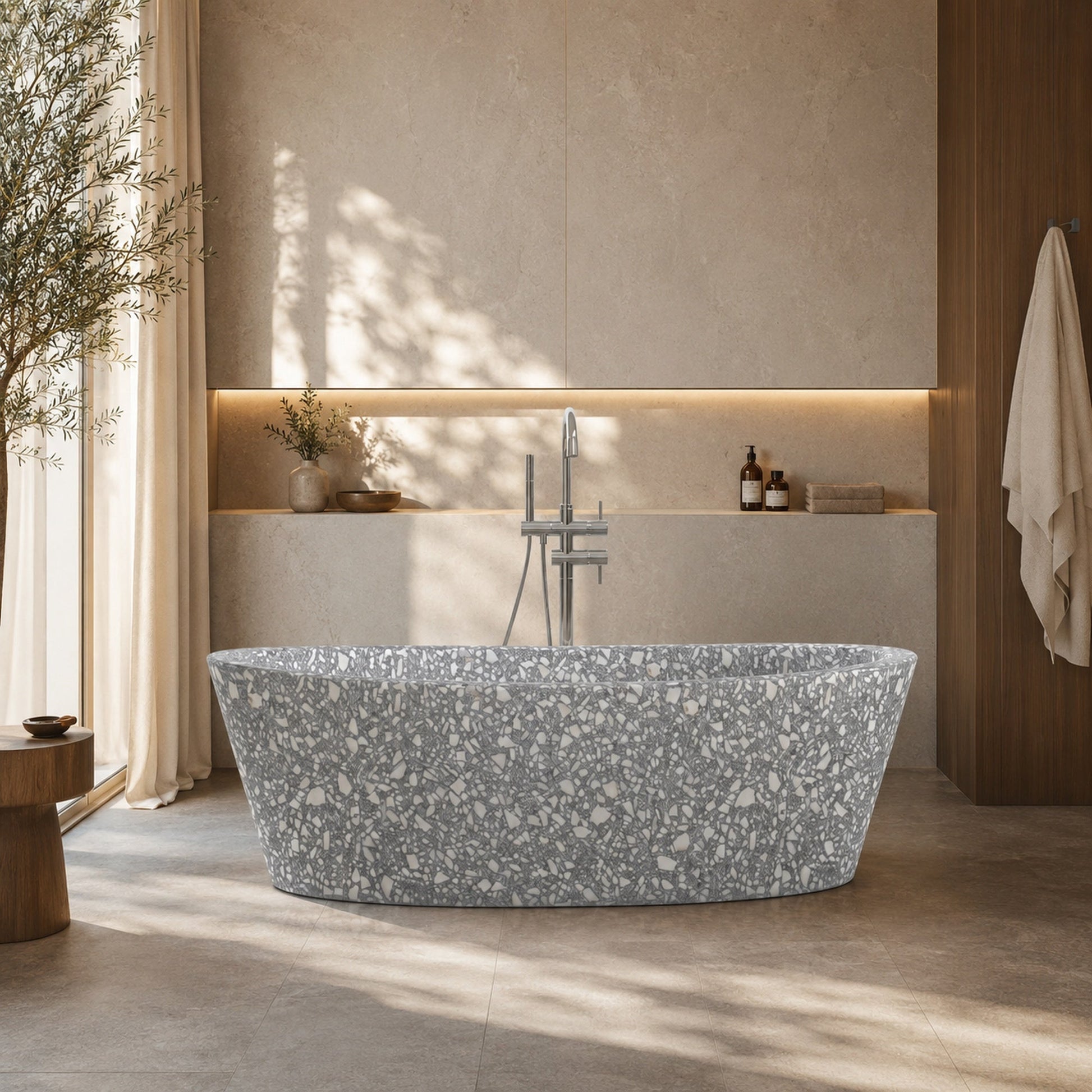 Calia Silver Grey Terrazzo freestanding soaking bathtub, styled hero bathroom visualization