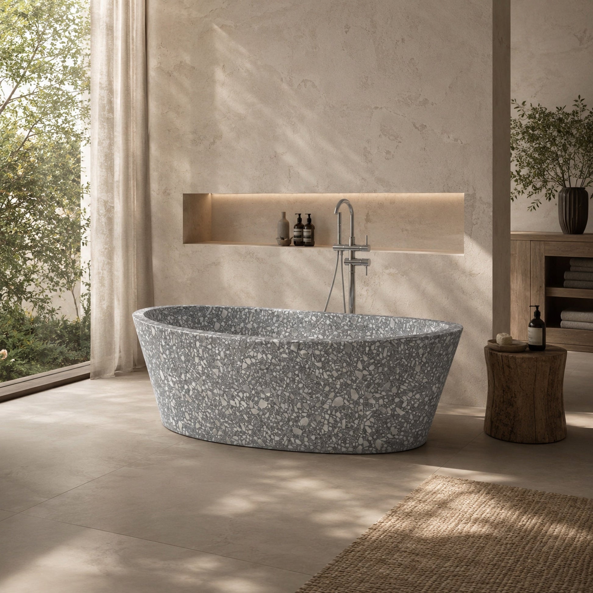 Calia Silver Grey Terrazzo freestanding soaking bathtub, styled lifestyle bathroom visualization