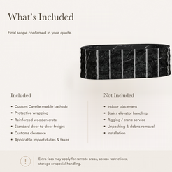 Cavelle Ribbed Freestanding Soaking Bathtub – Portoro Black Marble — What’s Included in the Reference Price.