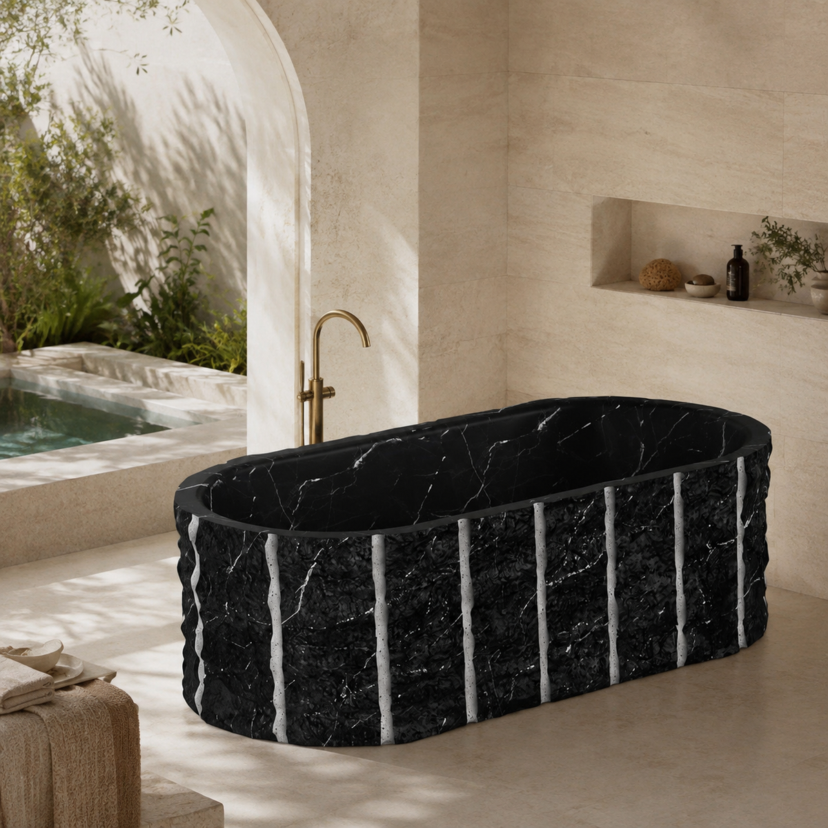 Cavelle Ribbed Freestanding Soaking Bathtub – Portoro Black Marble in a bright serene courtyard spa bathroom; exact product geometry and material preserved