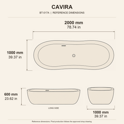 Cavira BT-017A reference dimensions, 2000 x 1000 x 600 mm (78.74 x 39.37 x 23.62 in), central floor drain and long-side overflow matching the approved gallery configuration.