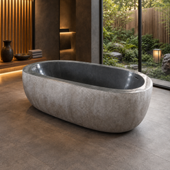 Cavira Charcoal Mist Granite soaking bathtub in a warm wood and stone bathroom overlooking a garden; square styled visualization with the complete tub visible.