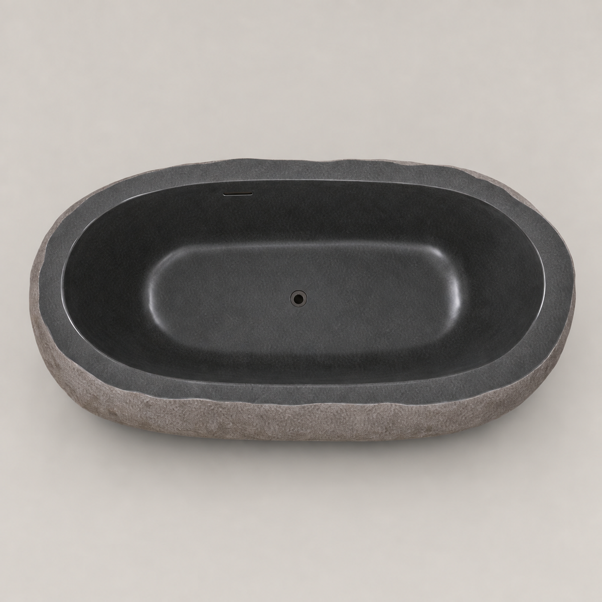 Cavira Charcoal Mist Granite bathtub top interior view, with central floor drain and overflow on the long inner wall; configuration visualization.