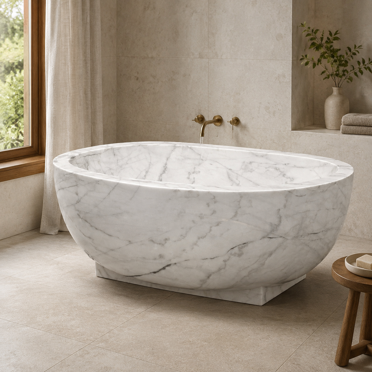 Celeste BT-038B Ivory Cloud Marble bathtub in a complete complementary daylight spa styled visualization, based on the exact product reference; not a completed client installation