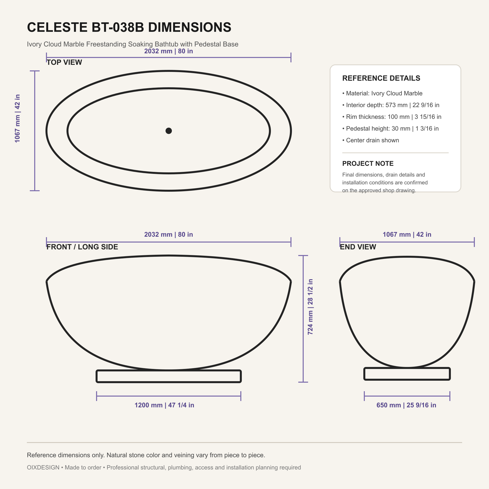 Celeste BT-038B Ivory Cloud Marble bathtub dimensions, 2032 x 1067 x 724 mm