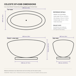 Celeste BT-038B Ivory Cloud Marble bathtub dimensions, 2032 x 1067 x 724 mm