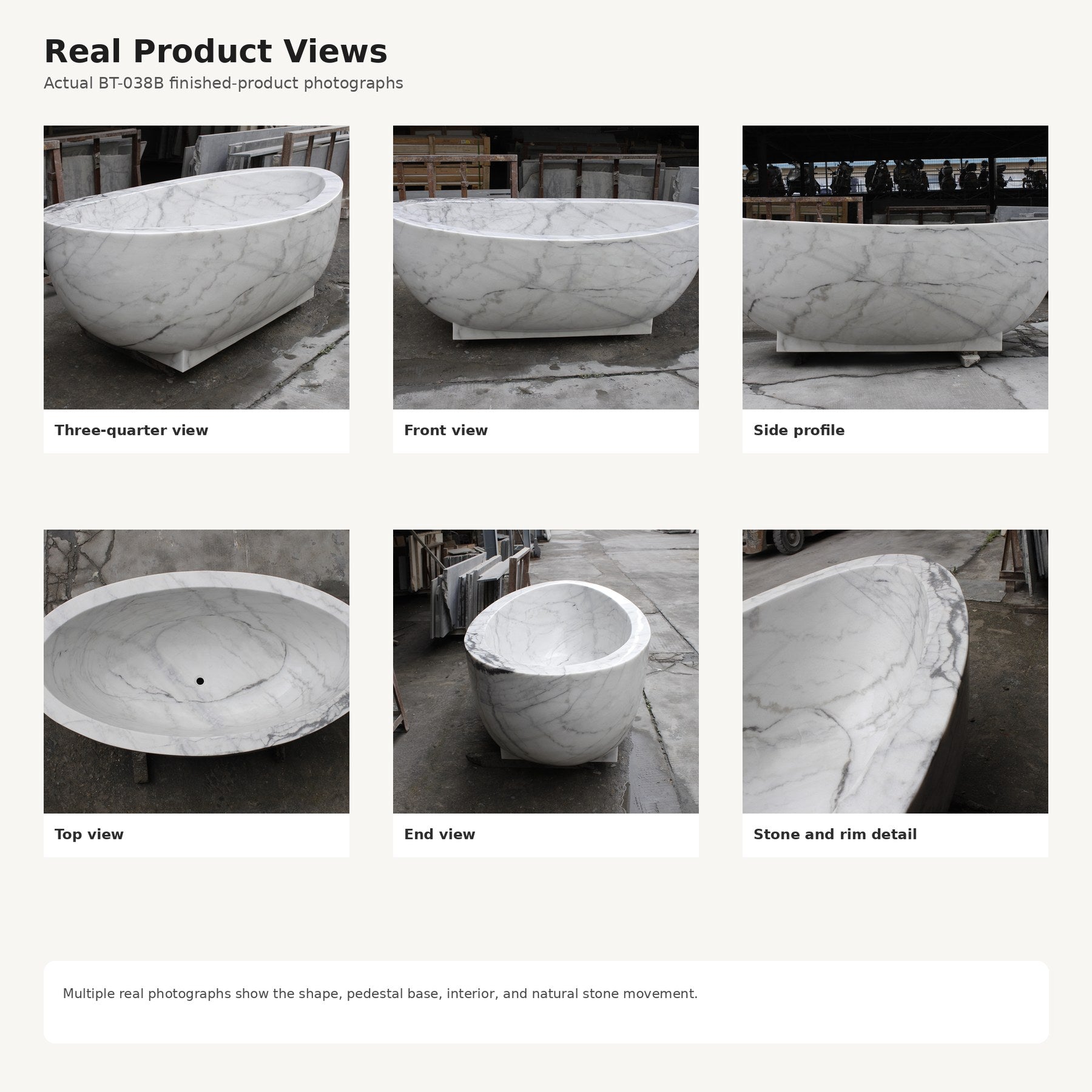 Celeste BT-038B Ivory Cloud Marble bathtub, six real product views