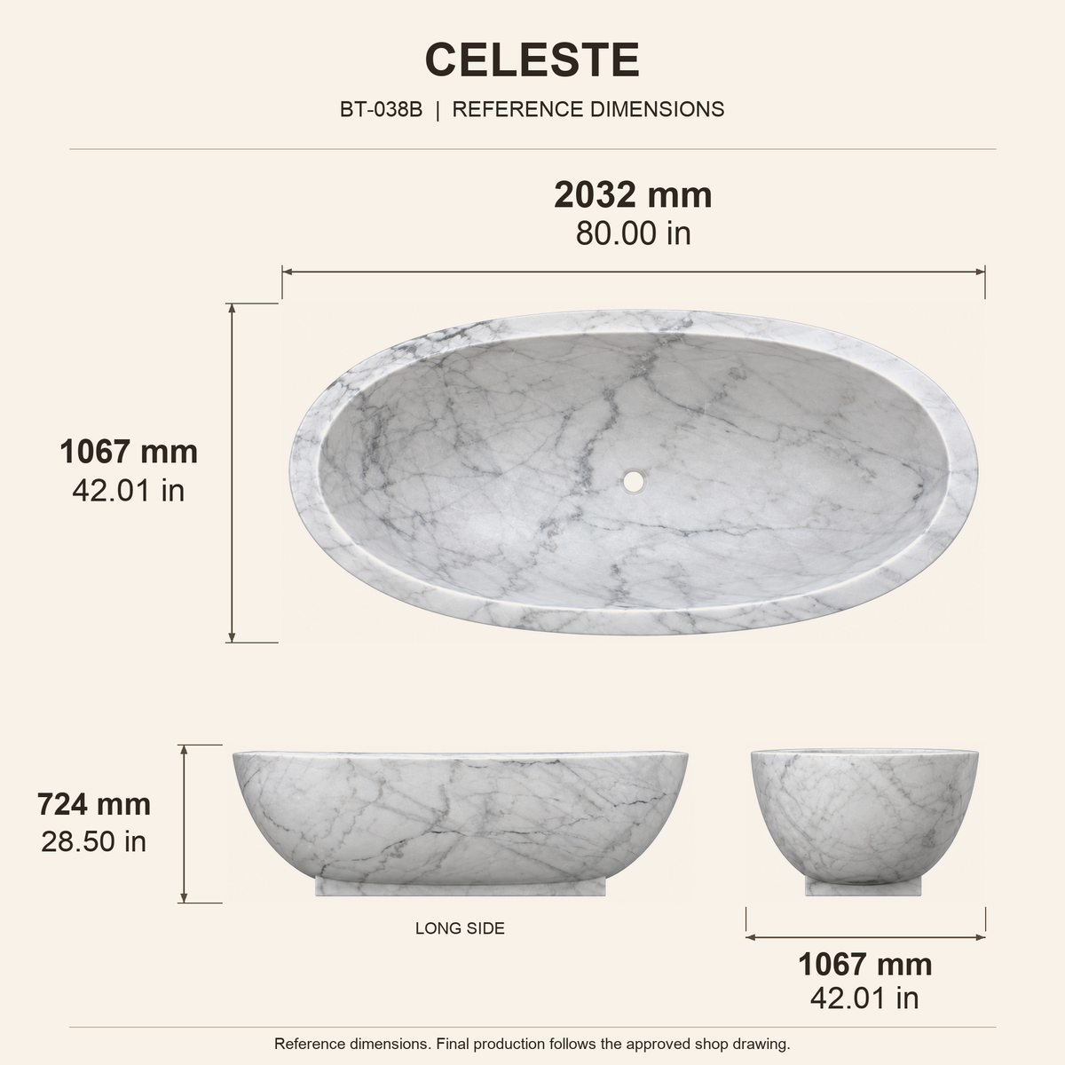 Celeste Freestanding Sculptural Marble Soaking Bathtub – Ivory Cloud reference dimension drawing with top, long-side and short-end views, measurements in millimetres and inches.