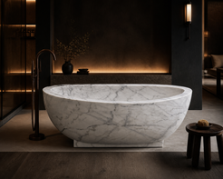 Celeste Ivory Cloud Marble soaking bathtub in a dark hospitality spa, styled visualization