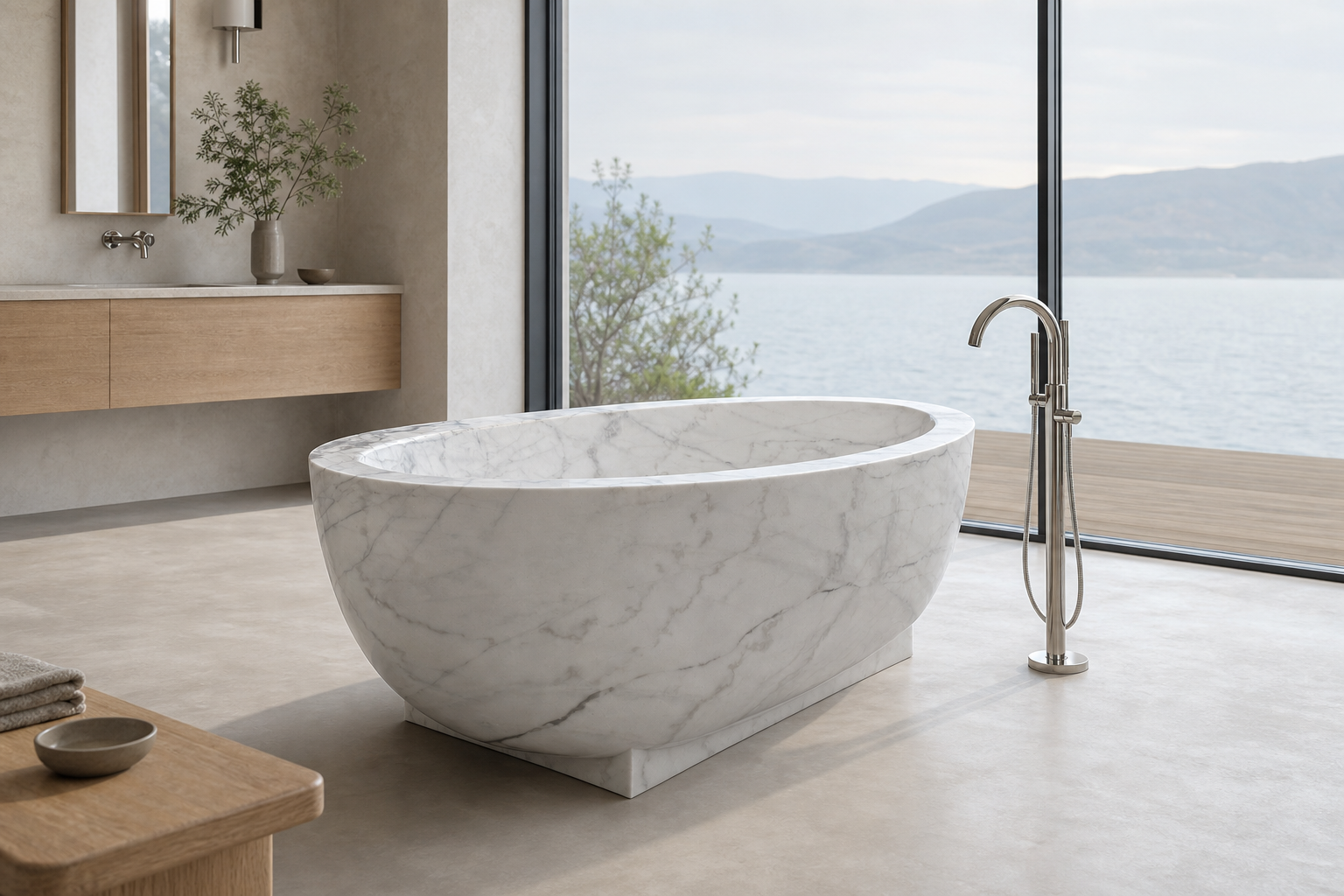 Celeste Ivory Cloud Marble soaking bathtub in a lake-view bathroom, styled visualization